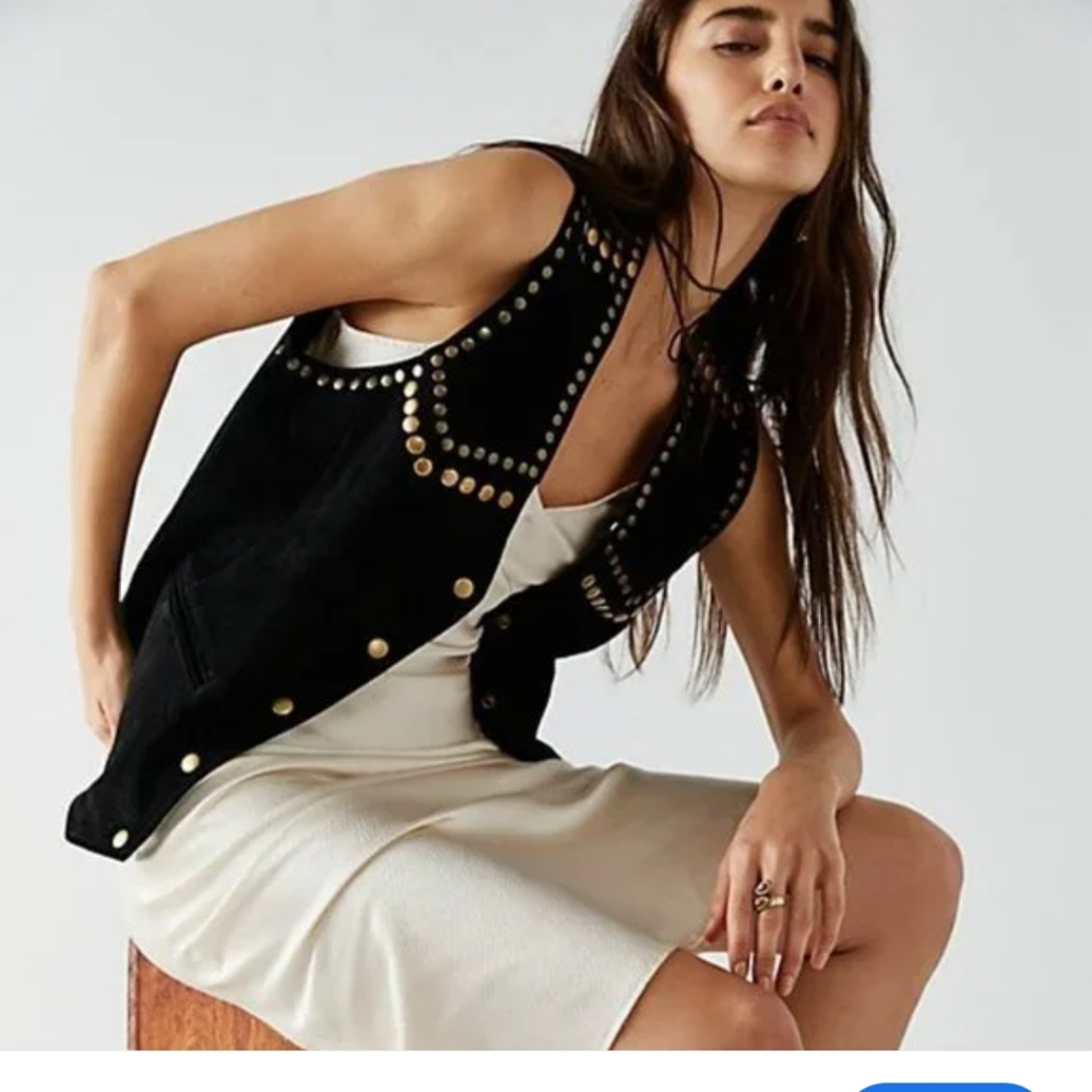 FREE PEOPLE Understated Rachek Leather Vest. NWT. Black Studded. Sz Med